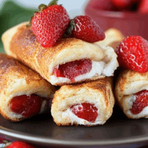 Close-up of a breakfast treat sliced to reveal layers of sweet filling.