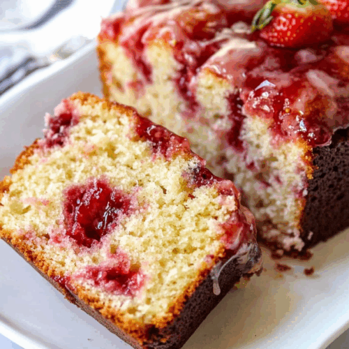 Baked loaf with a glossy finish, cut into thick slices for serving