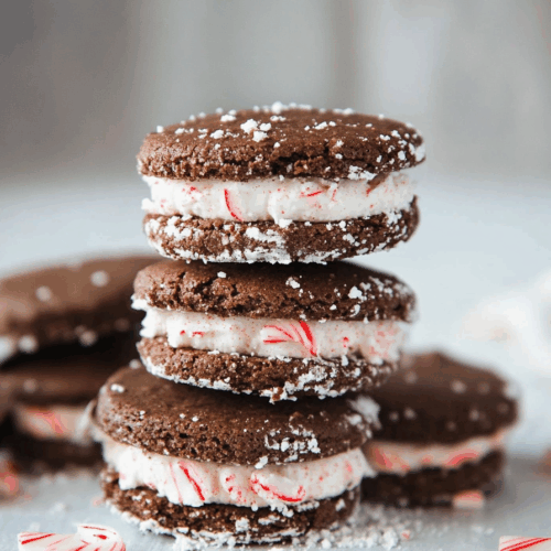 Close-up of a dessert cookie with creamy filling and festive red sprinkles