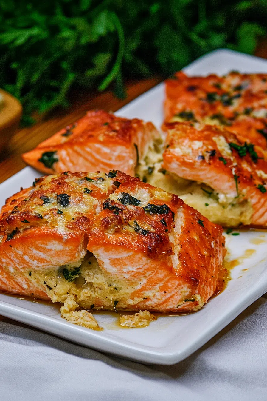 Baked fish fillet filled with a creamy herb mixture and served on a white plate.