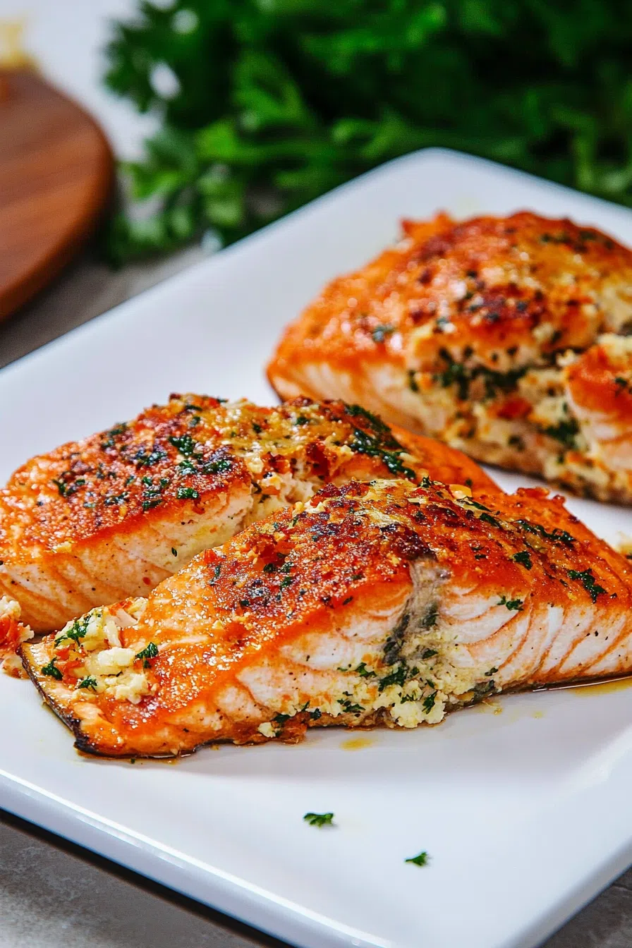 Close-up of a tender seafood dish with a cheesy center and crispy edges.