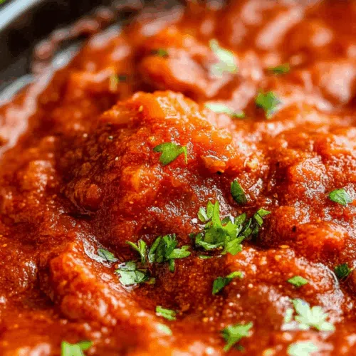 Slow-cooked tomato dish with tender pieces of meat and a rich, thick texture