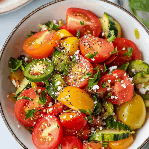 Colorful dish with juicy chunks, crumbled cheese, and green garnish