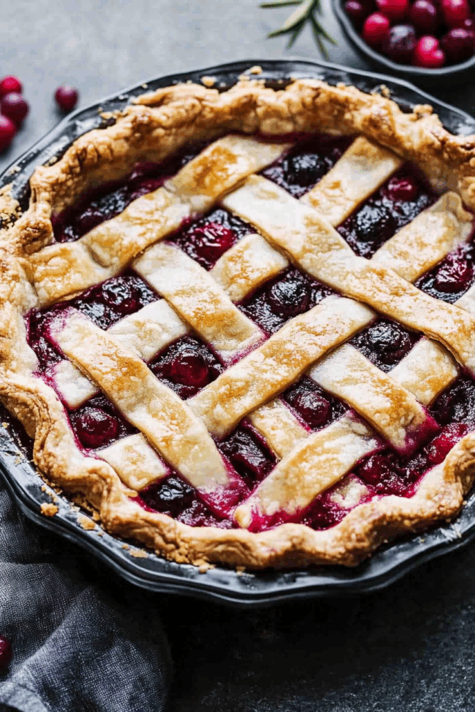 Close-up of flaky crust with glistening dark red and purple filling.