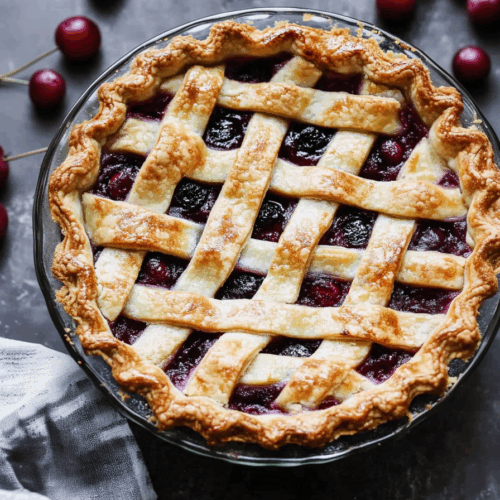 Golden-brown pie with bubbling fruit filling peeking through a lattice crust.