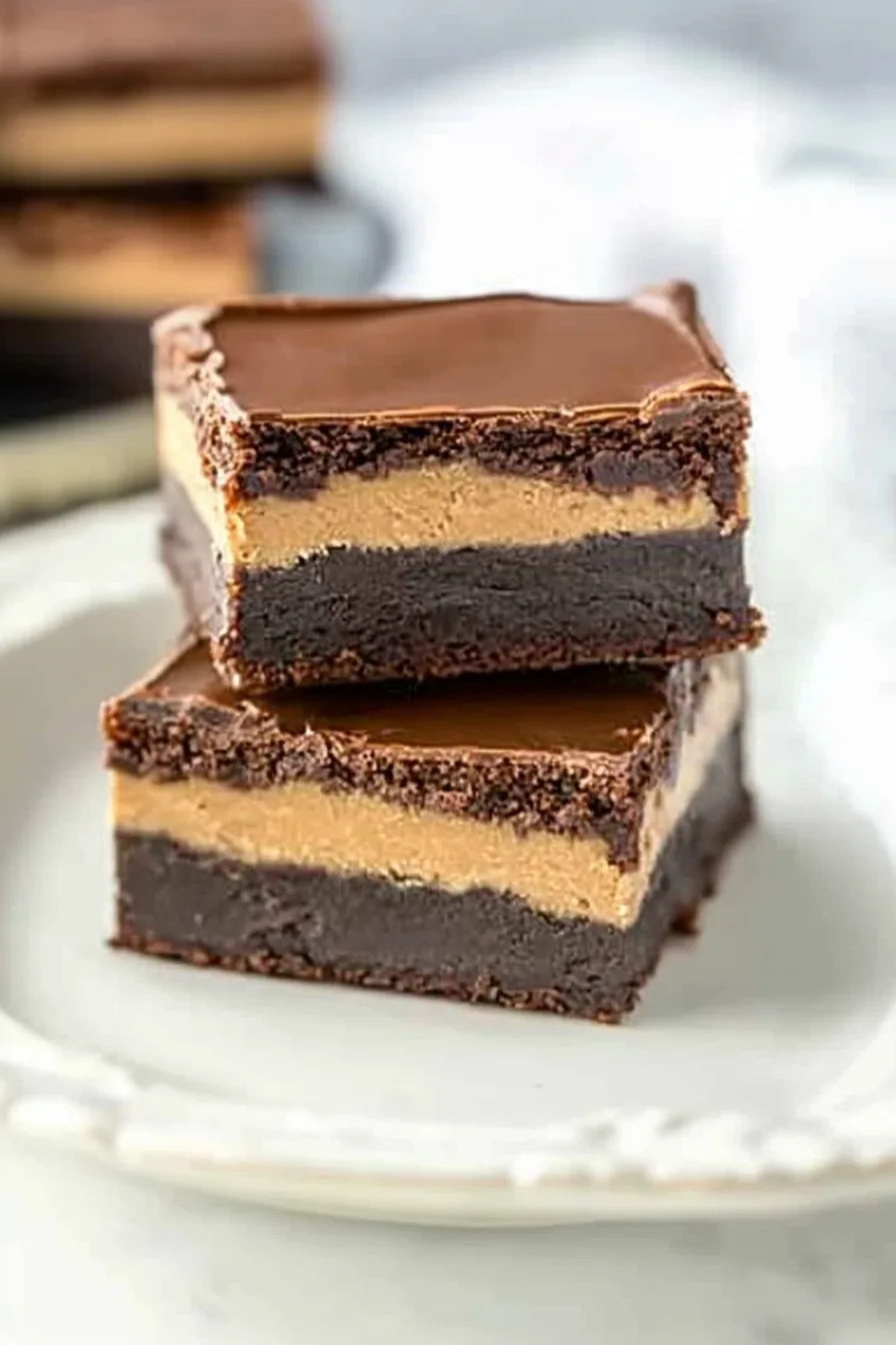 Close-up of rich, layered chocolate squares with a creamy filling.