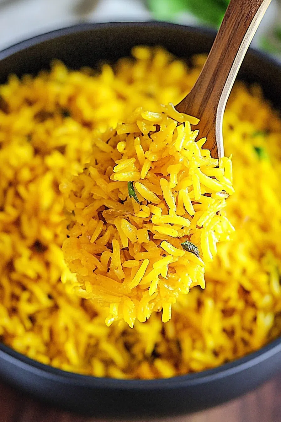 A spoonful of vibrant rice being served from a rustic ceramic dish.