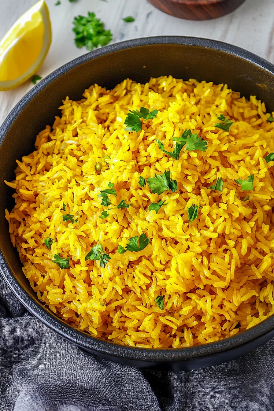 Yellow rice garnished with chopped parsley, ready to serve.