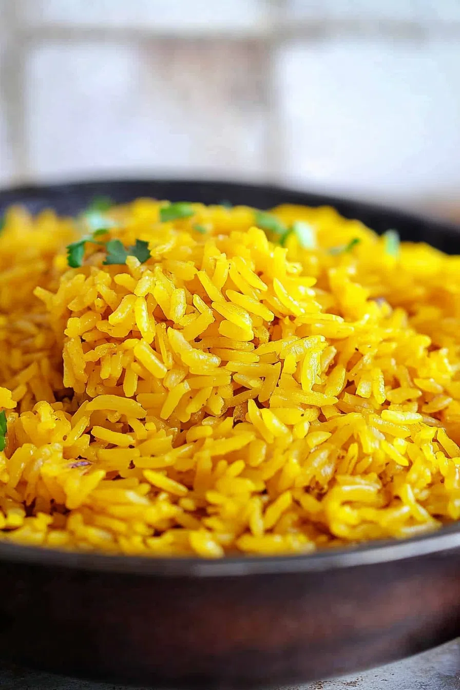 Close-up of fluffy seasoned rice with a hint of turmeric.