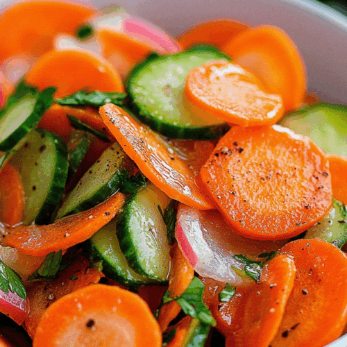 Colorful vegetable ribbons tossed with a light vinaigrette on a white plate