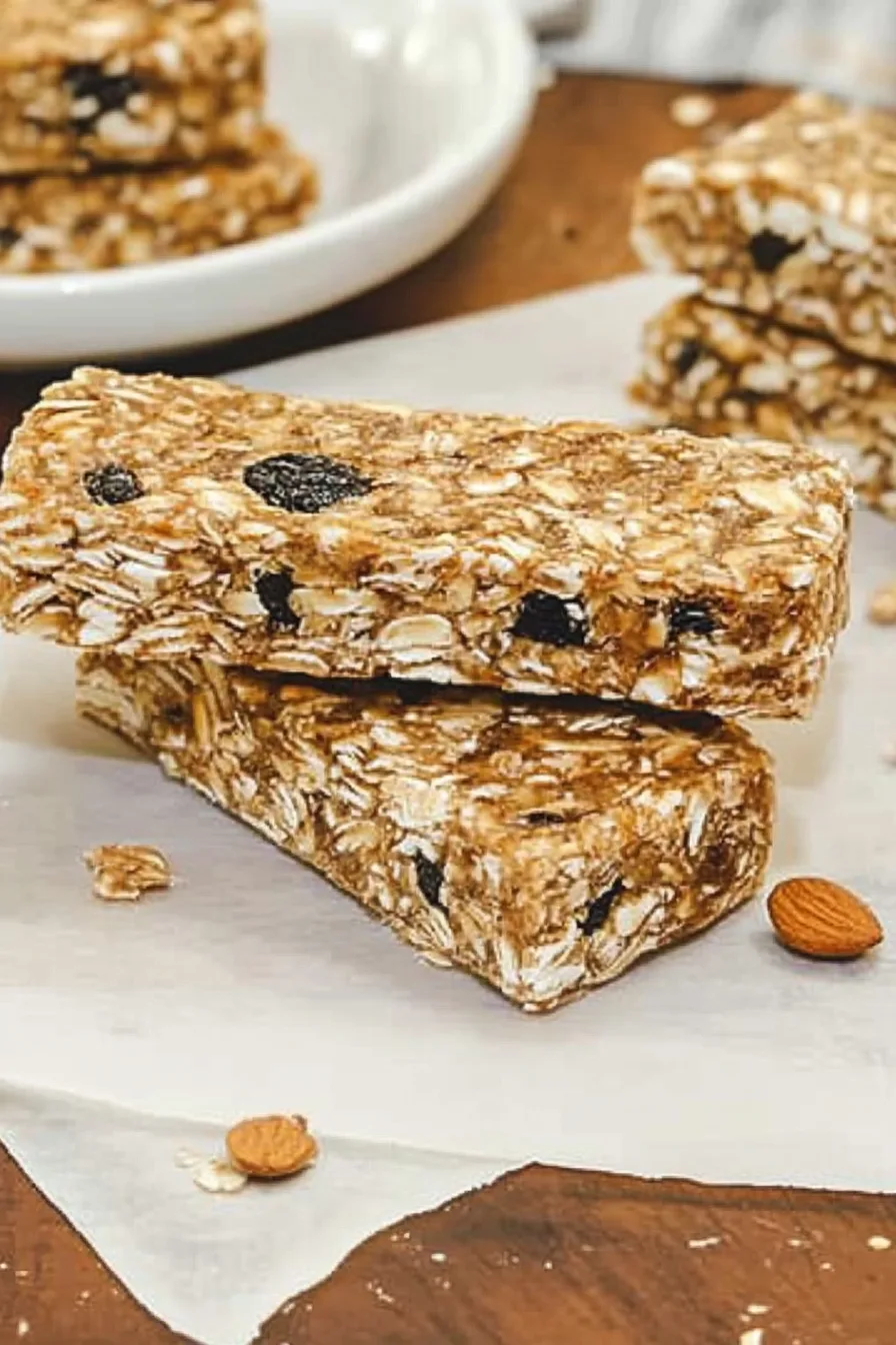 Stack of chewy snack bars on a parchment-lined wooden board