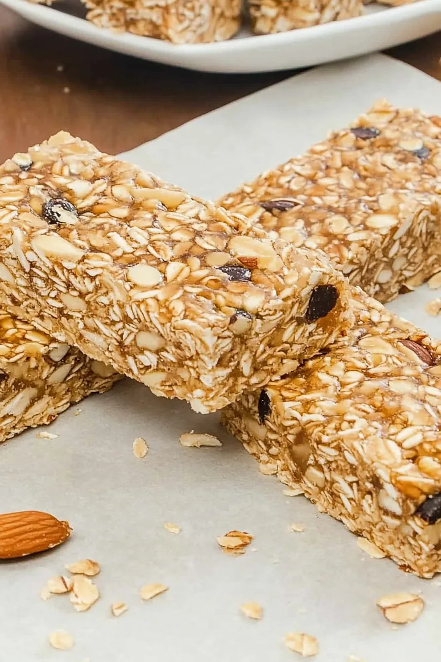 Close-up shot showing textured surface with visible almonds and oats.