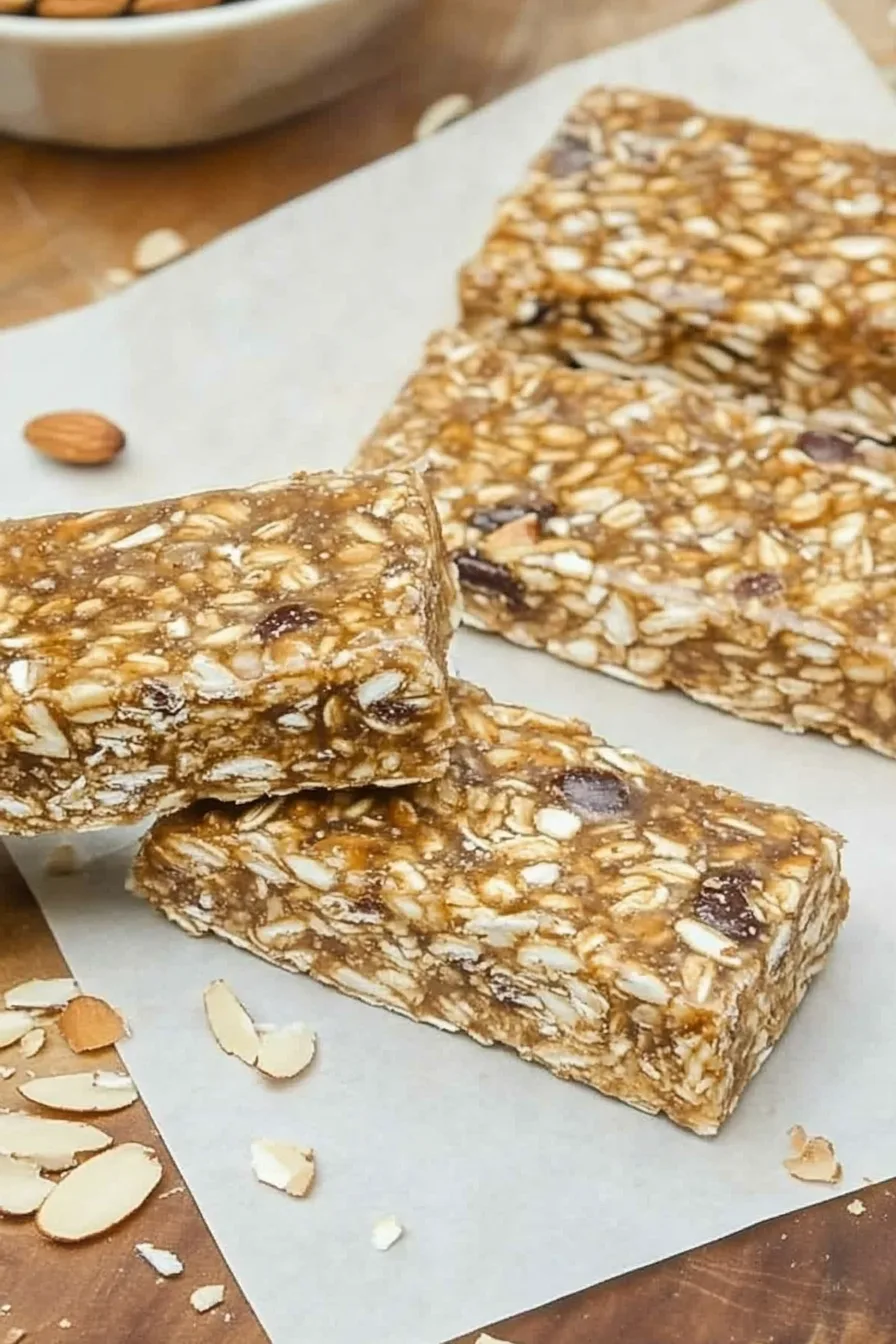 Homemade energy bars stacked neatly with a drizzle of honey in the background.
