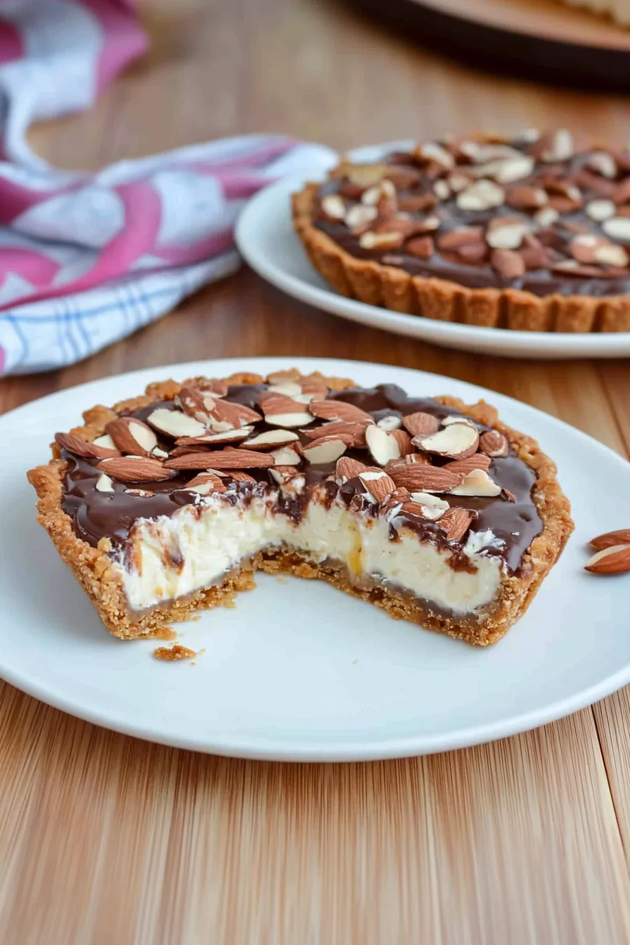 A chocolate tart sliced and served on a white dessert plate.