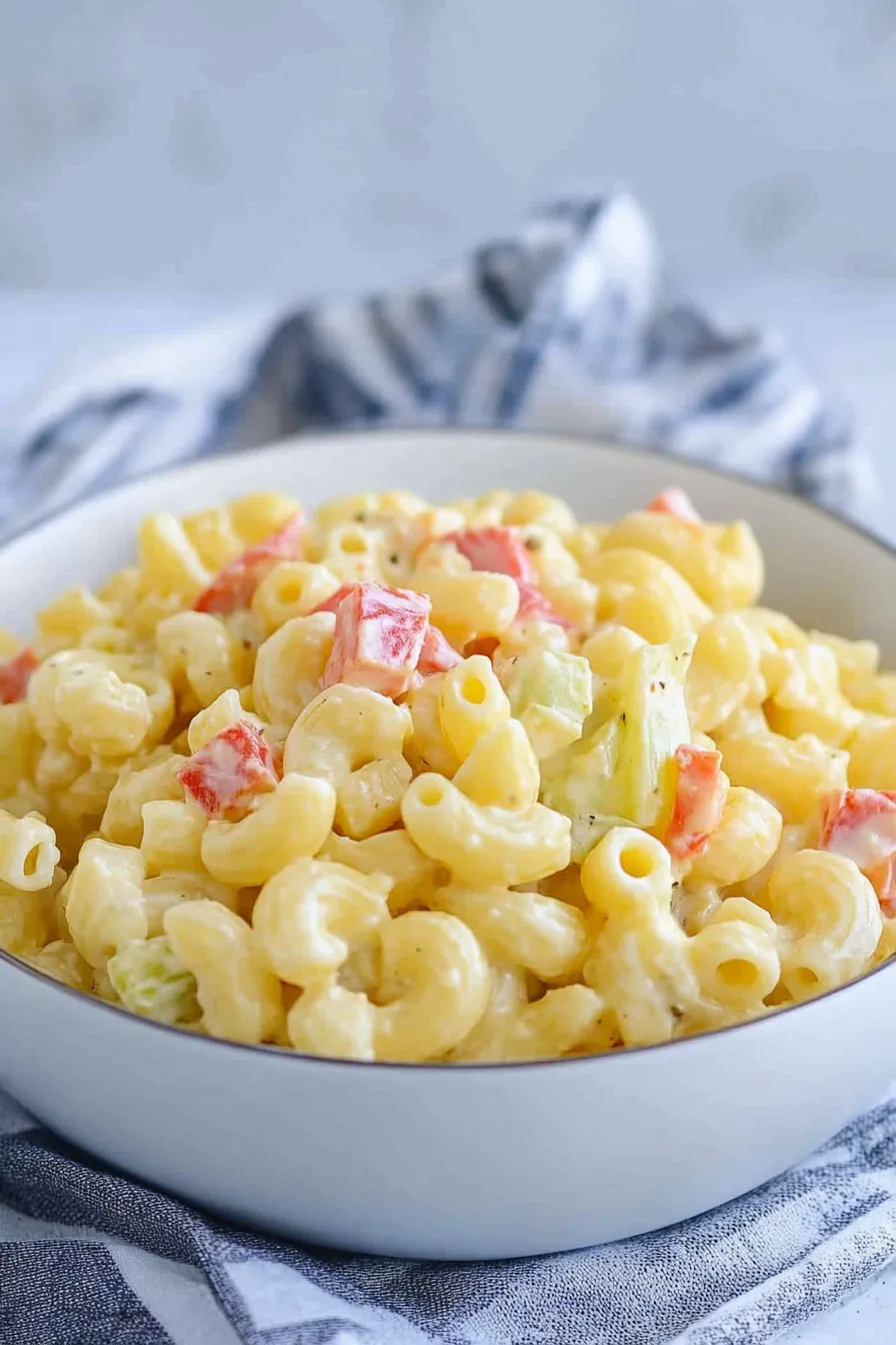 Close-up of elbow macaroni mixed with dressing and herbs