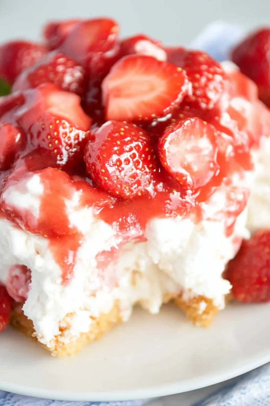 Dessert plate featuring a slice of soft cake with a drizzle of strawberry sauce.