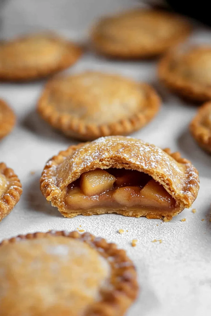 Close-up of a dessert with flaky crust and cinnamon-dusted apple pieces.