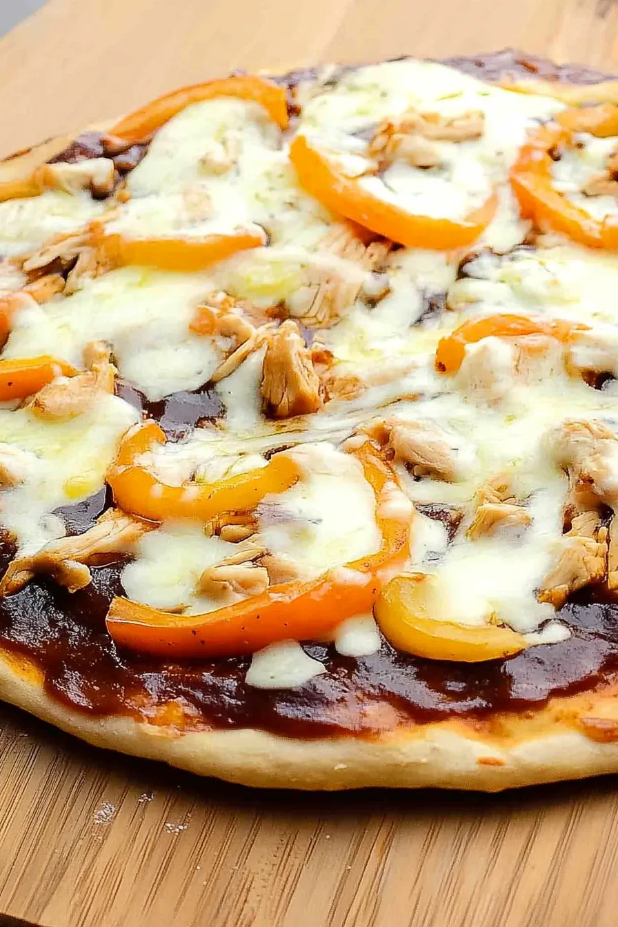 Freshly baked pizza on a wooden board with a drizzle of sauce
