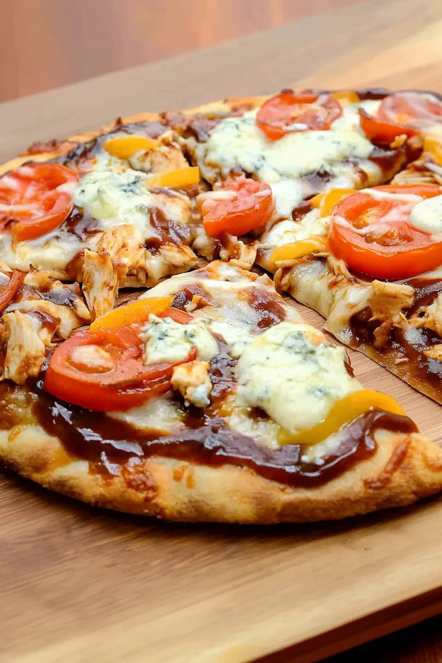 Overhead view of a cheesy, savory flatbread cut into wedges