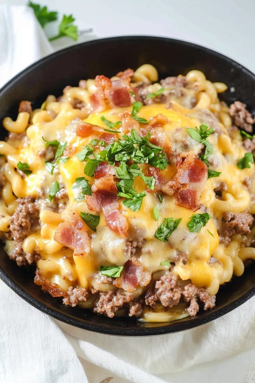 Cheese-covered beef skillet garnished with green onions