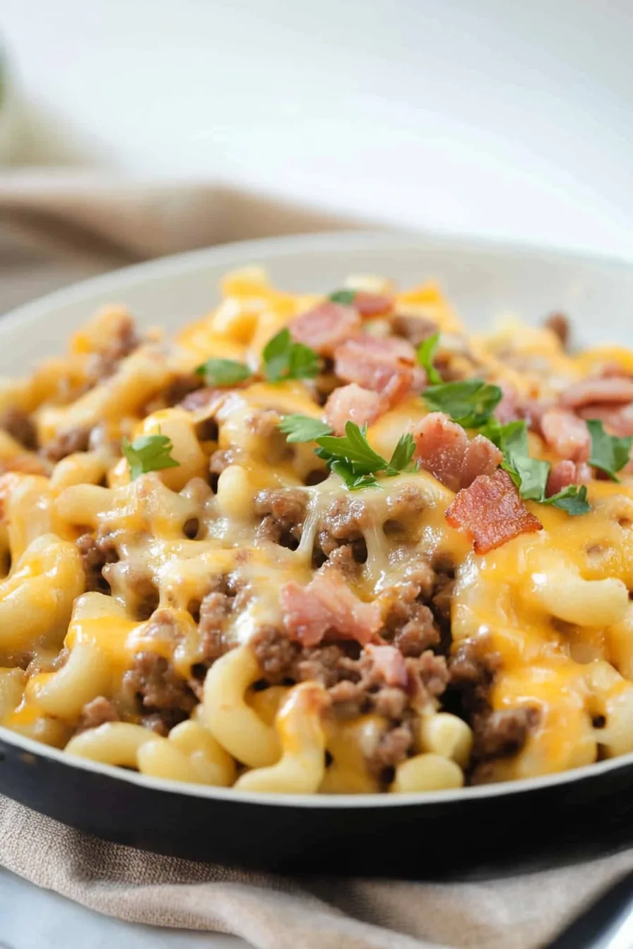 Cast iron pan filled with a creamy beef and bacon dinner