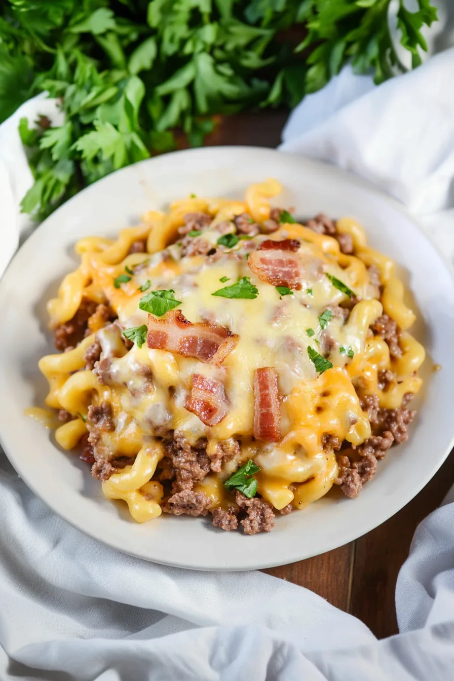 Golden melted cheese over a savory meat and pasta blend