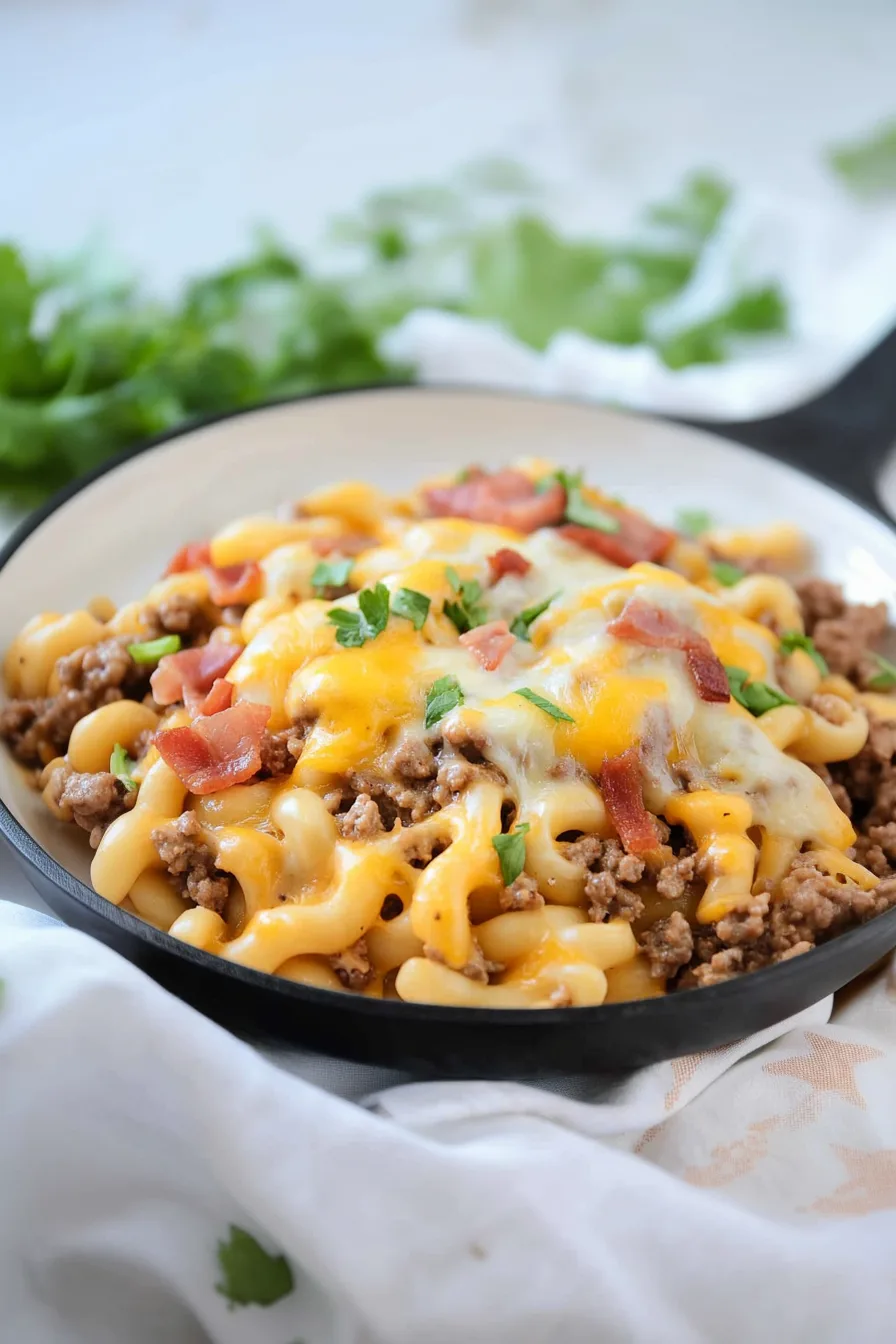 Cheesy skillet dish with crispy bacon pieces on top