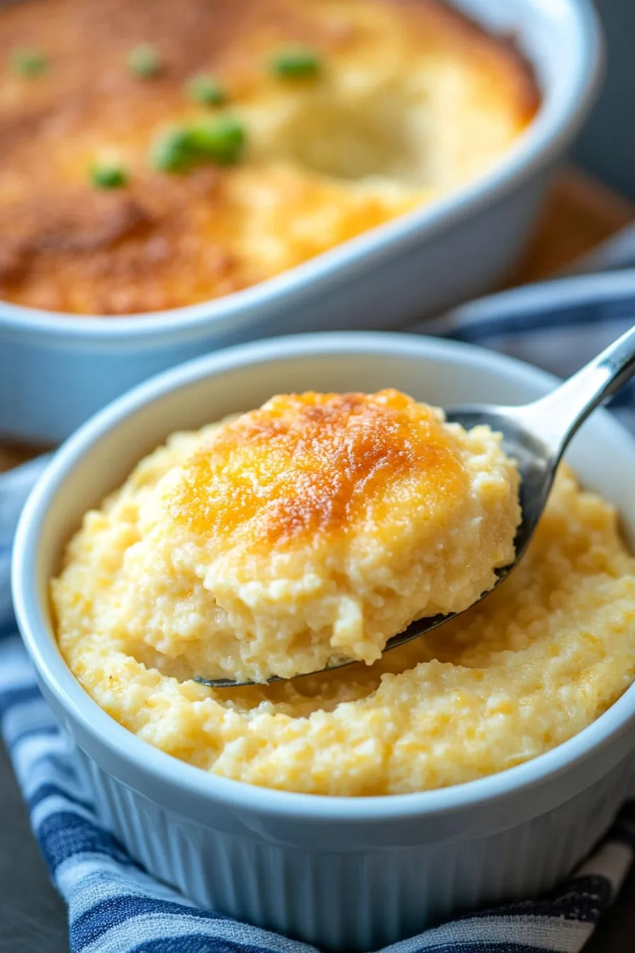 Spoonful of creamy, baked side dish served on a ceramic plate