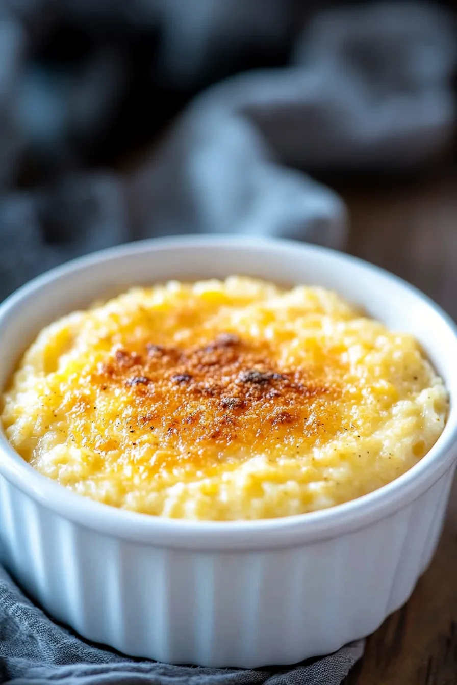 Golden, bubbly casserole fresh from the oven in a white ramekin