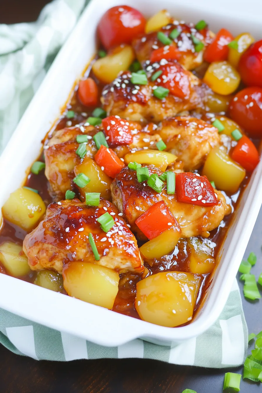 Golden baked chicken served with sweet pineapple and savory sauce.