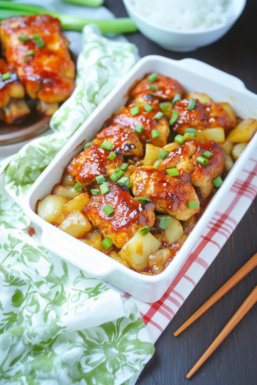 Baked chicken and pineapple in a rich, caramelized sauce, ready to serve.