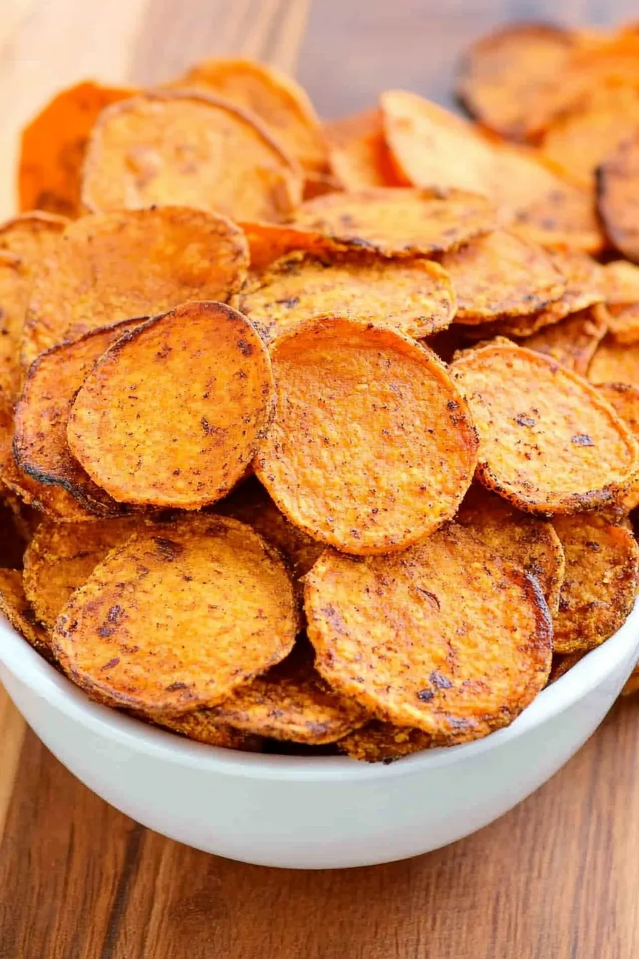 Golden-brown vegetable slices layered in a serving dish