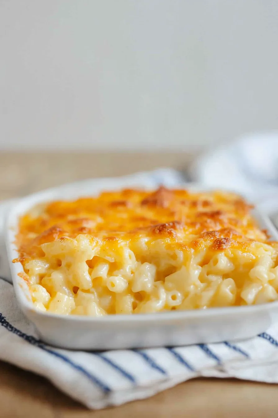 Portion of baked macaroni on a white plate