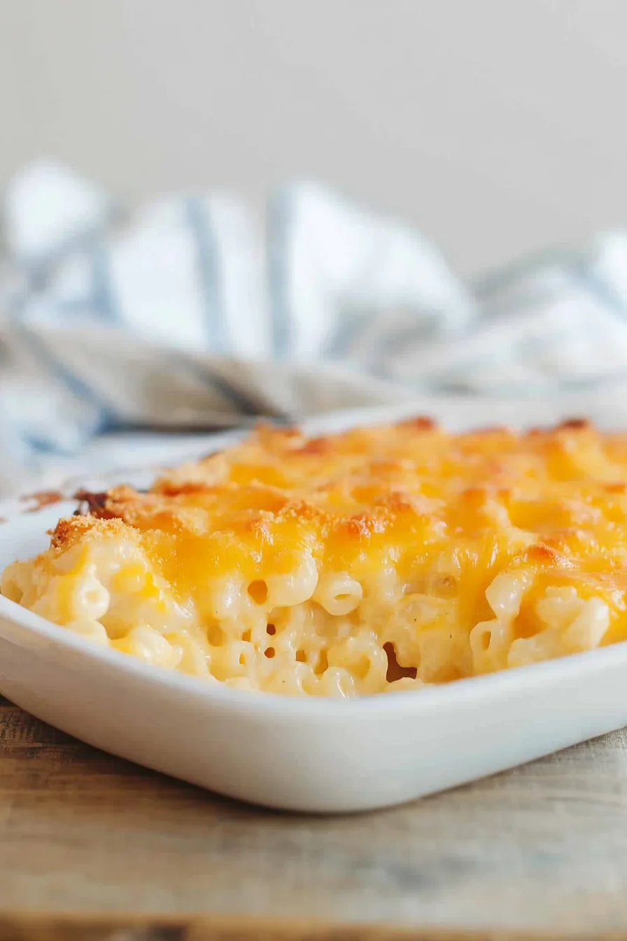 Side view of a slice of baked and creamy macaroni and cheese on a plate.