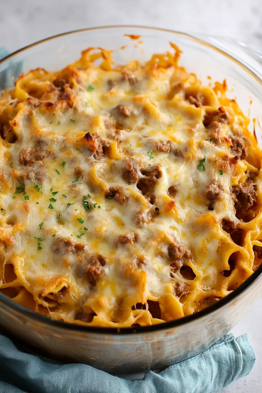 Baked casserole with melted cheese bubbling on top