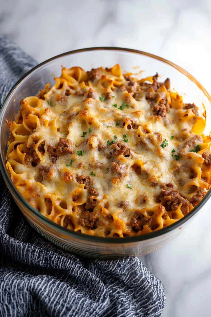 Golden baked casserole in a glass dish on the table