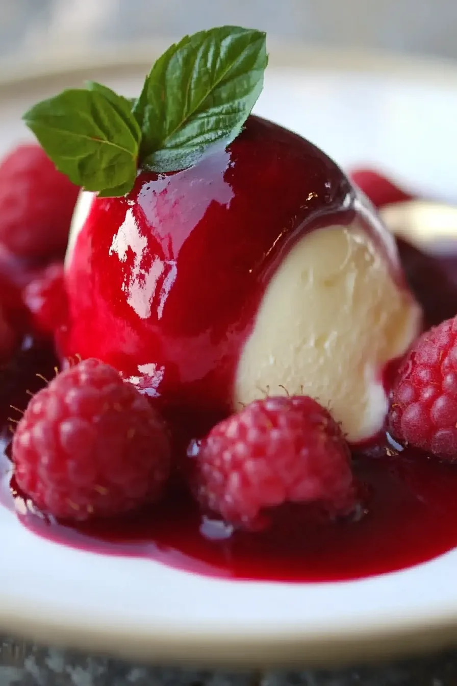 Close-up of a dark berry puree in a white serving dish