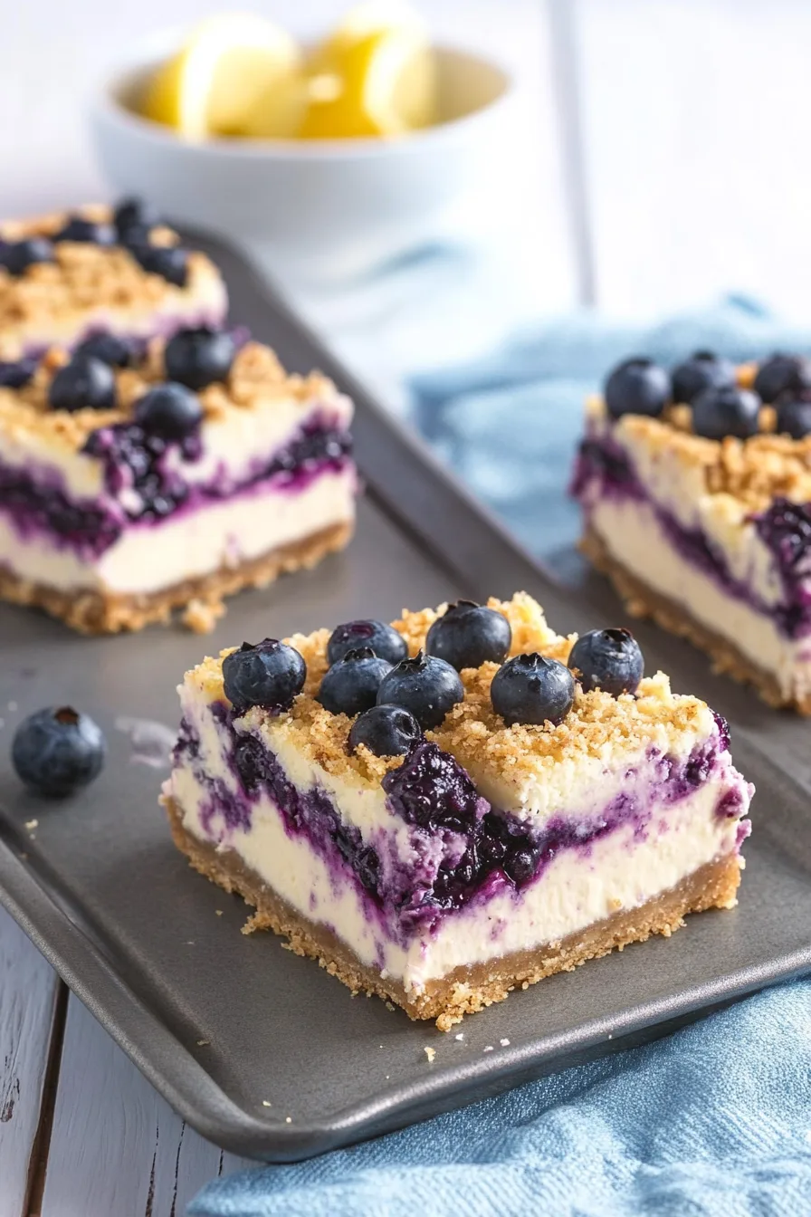Dessert tray filled with cheesecake bars cut into neat squares and garnished with blueberries.