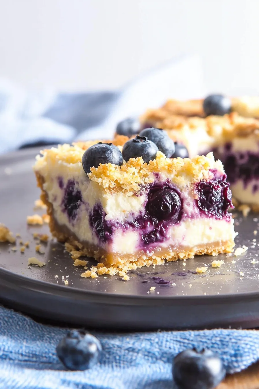 Close-up of creamy cheesecake squares with a golden crust and juicy blueberries.