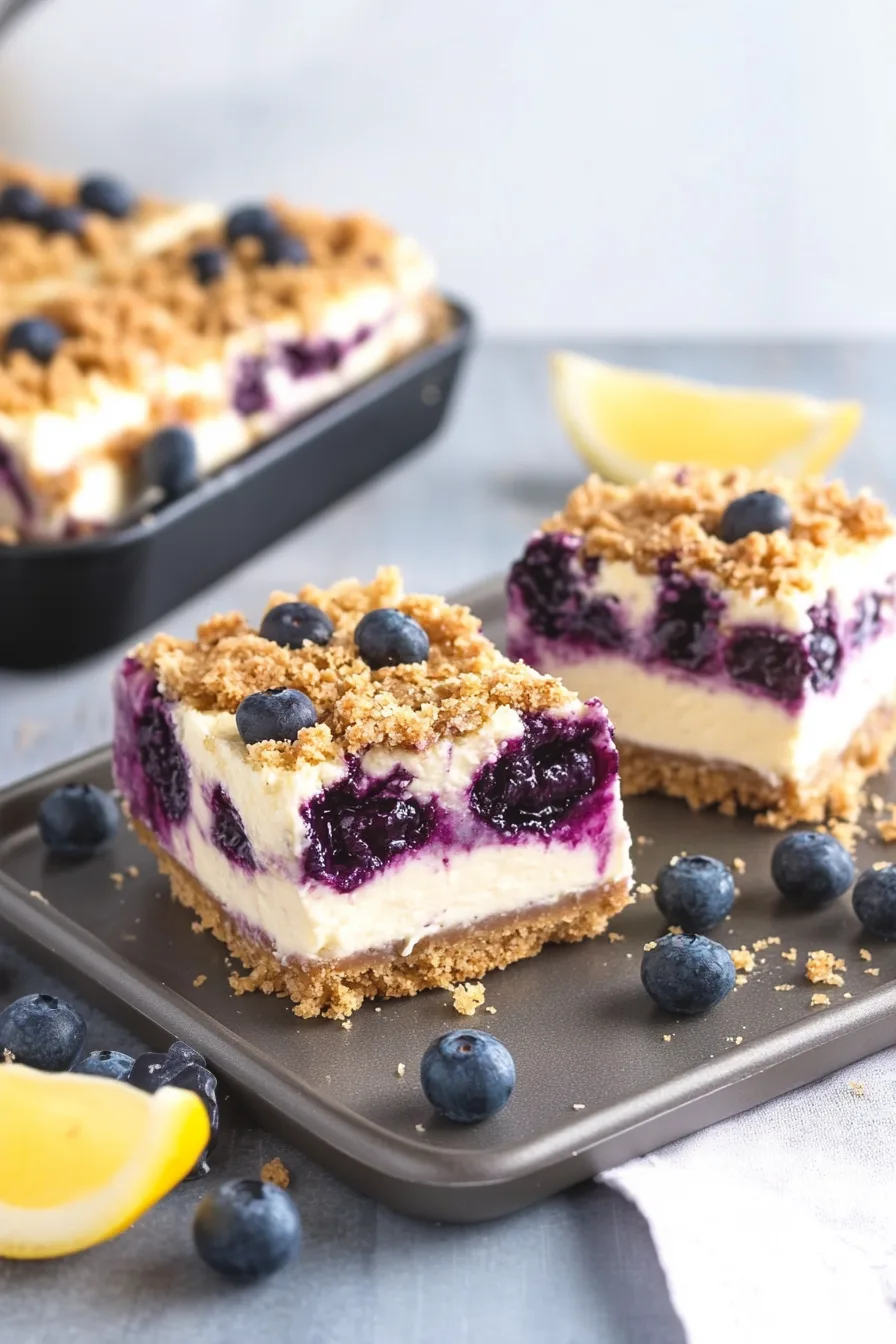 Plated dessert bars garnished simply with blueberries.