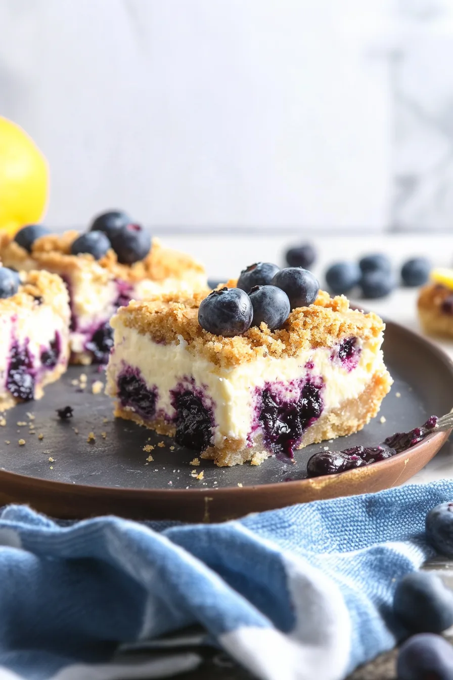 Golden crust dessert squares topped with fresh blueberries and zest.