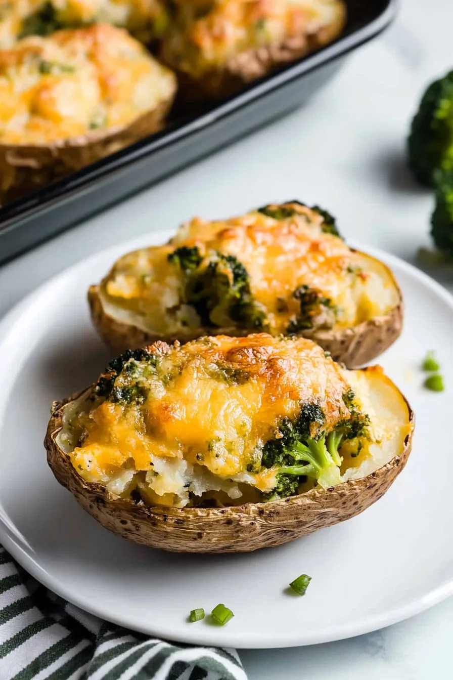 Overhead view of stuffed potatoes on a white serving plate.