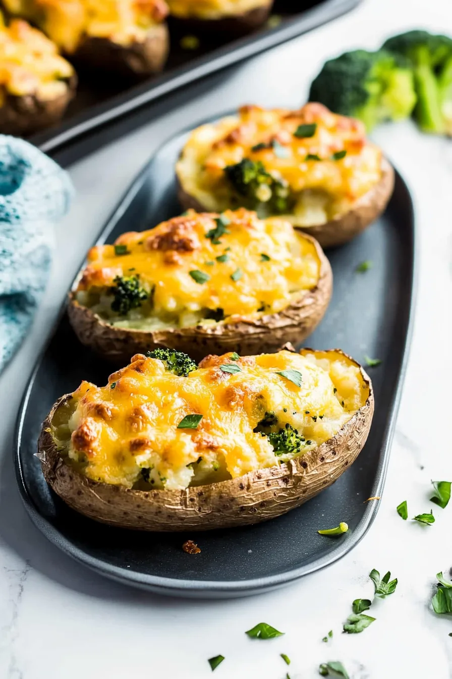 Baked potato halves topped with melted cheese and green broccoli florets.