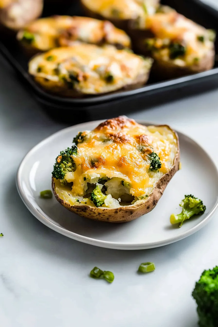 Side angle of a baked potato loaded with vegetables and cheese.