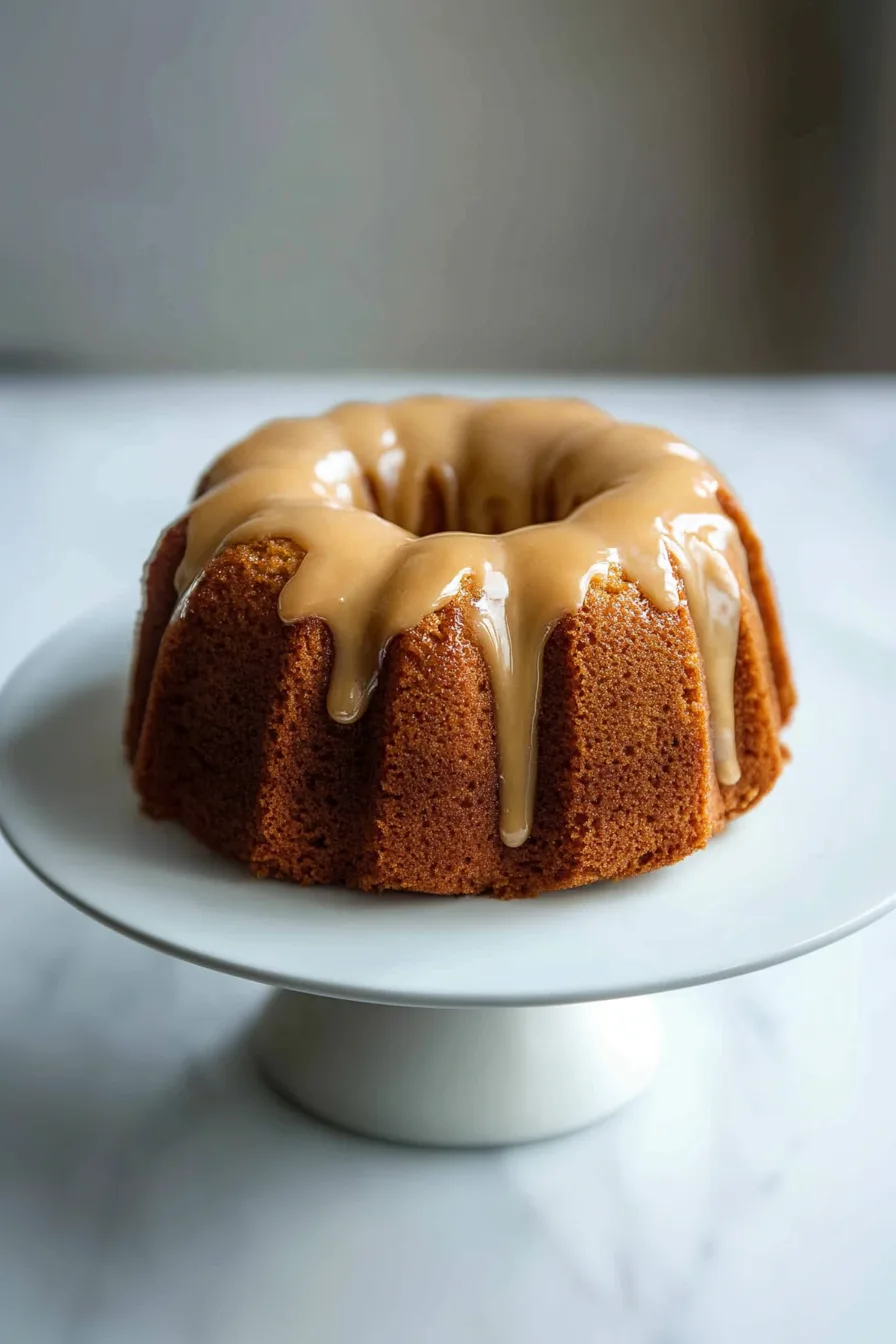 Golden bundt cake drizzled with rich caramel glaze