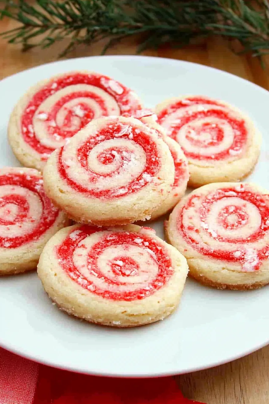 Festive red and white swirled cookies arranged on a holiday platter.