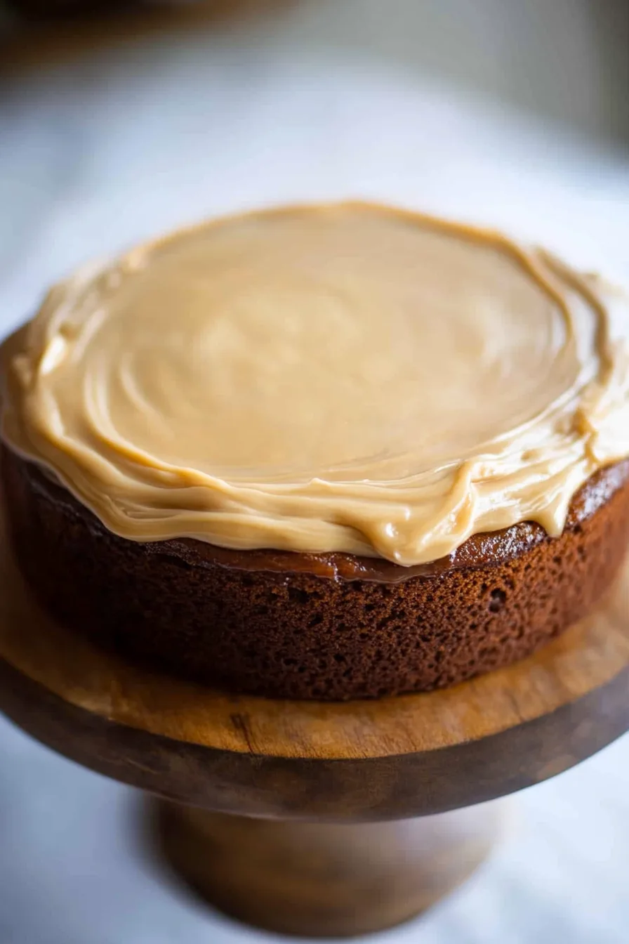Close-up of moist cake layers with rich caramel glaze
