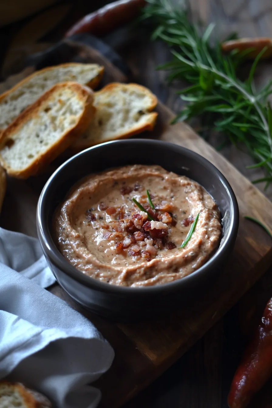 Creamy cheese dip with crispy bacon pieces on top