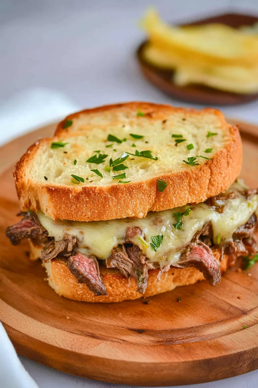 Rustic serving of cheesy steak toast on a wooden board with fresh garnish.