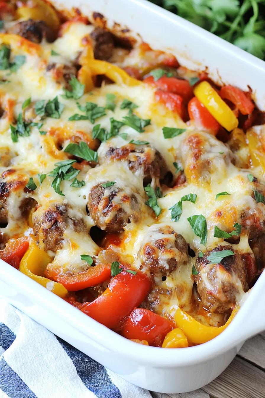 Sausage slices simmered with bell peppers in a rich tomato sauce.